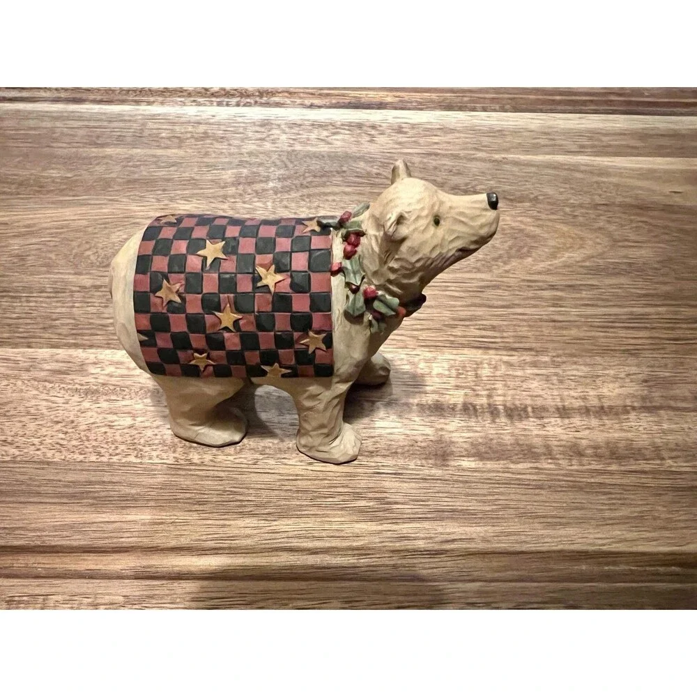 Teresa Kogut Folk Art Checkered Blanket Holy Necklace Christmas Bear Figurine